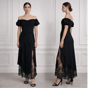 SELF-PORTRAIT Black Off shoulder gown with lace insert